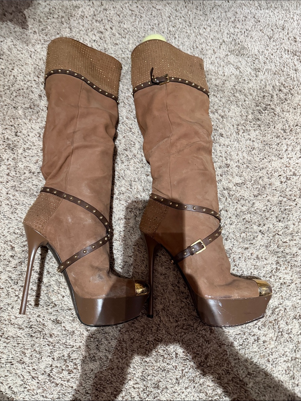 Brown Suede High Heel Knee Boots with Gold Accents